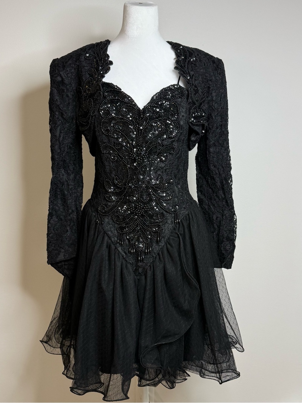 Cache Black Beaded Lace Long Sleeve Cocktail Dress